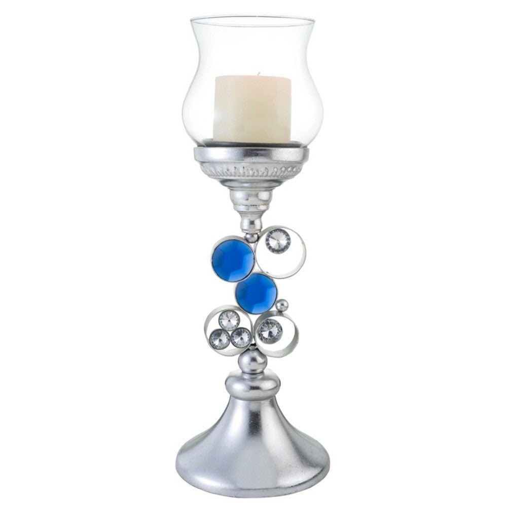 18" Silver and Blue Faux Crystal Bling Hurricane Candle Holder - Homeroots - Flyclothing LLC