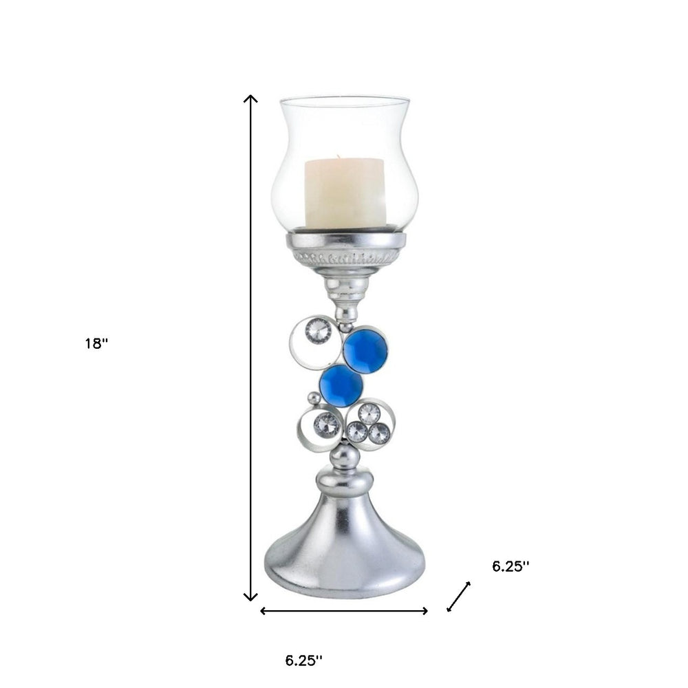 18" Silver and Blue Faux Crystal Bling Hurricane Candle Holder - Homeroots - Flyclothing LLC