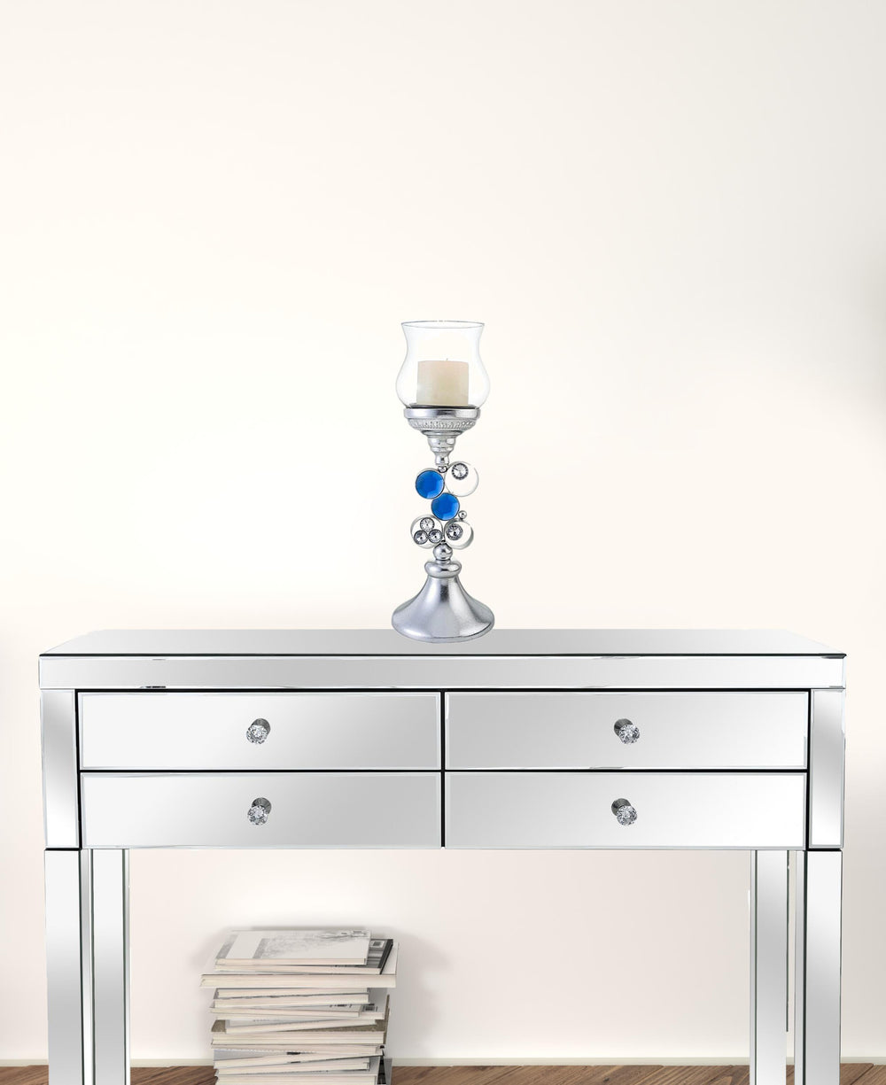 18" Silver and Blue Faux Crystal Bling Hurricane Candle Holder - Homeroots - Flyclothing LLC