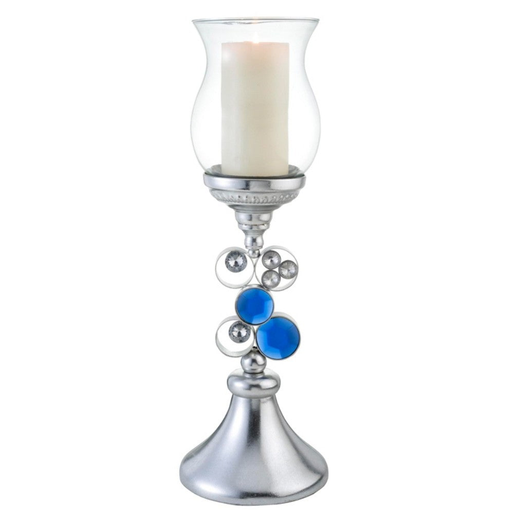 21" Silver and Blue Faux Crystal Bling Hurricane Candle Holder - Homeroots - Flyclothing LLC