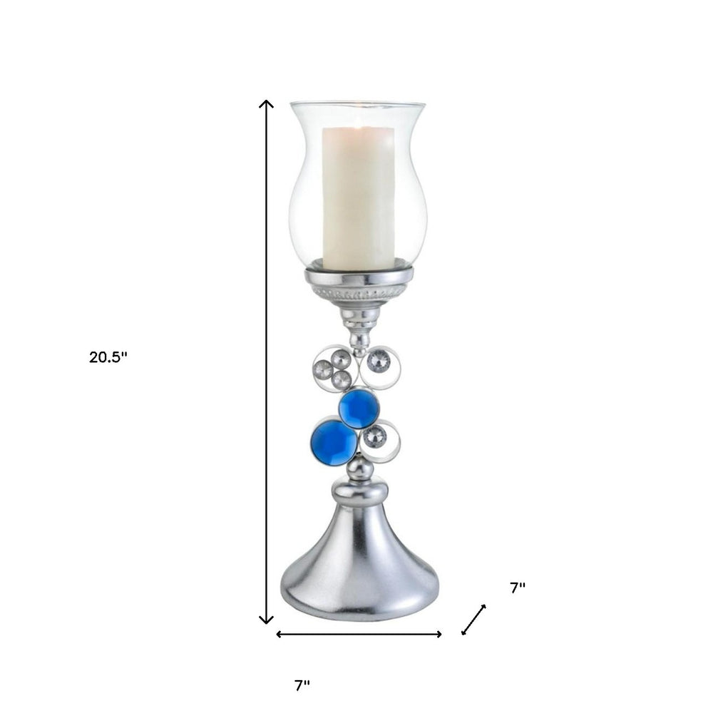 21" Silver and Blue Faux Crystal Bling Hurricane Candle Holder - Homeroots - Flyclothing LLC