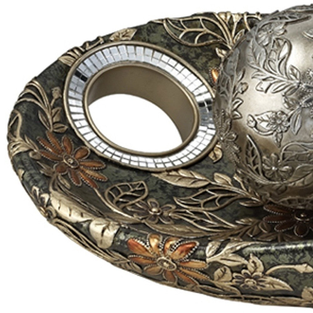 8" Green Silver And Gold Polyresin Decorative Bowl With Orbs - Homeroots - Flyclothing LLC
