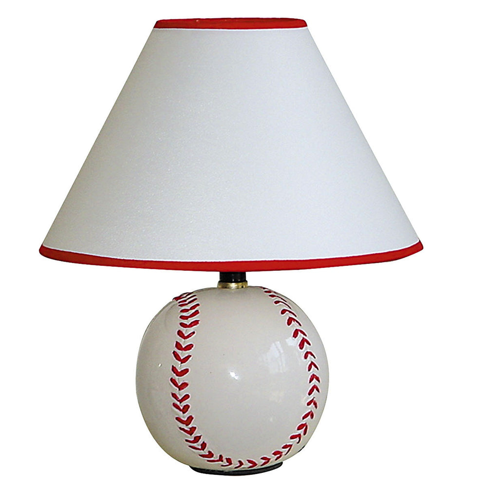 12" White and Red Ceramic Baseball Sports Table Lamp With White and Red Empire Shade - Homeroots - Flyclothing LLC