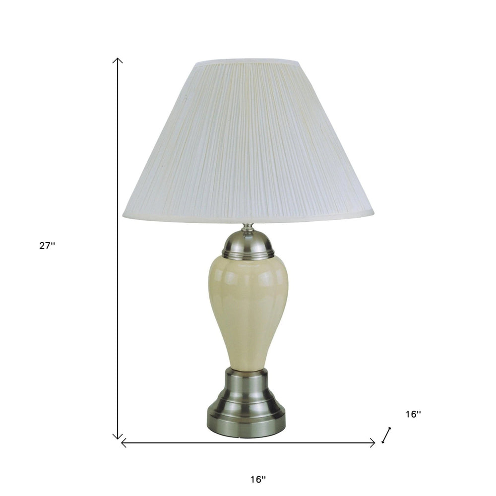 27" Ivory and Silver Ceramic Urn Table Lamp With White Empire Shade - Homeroots