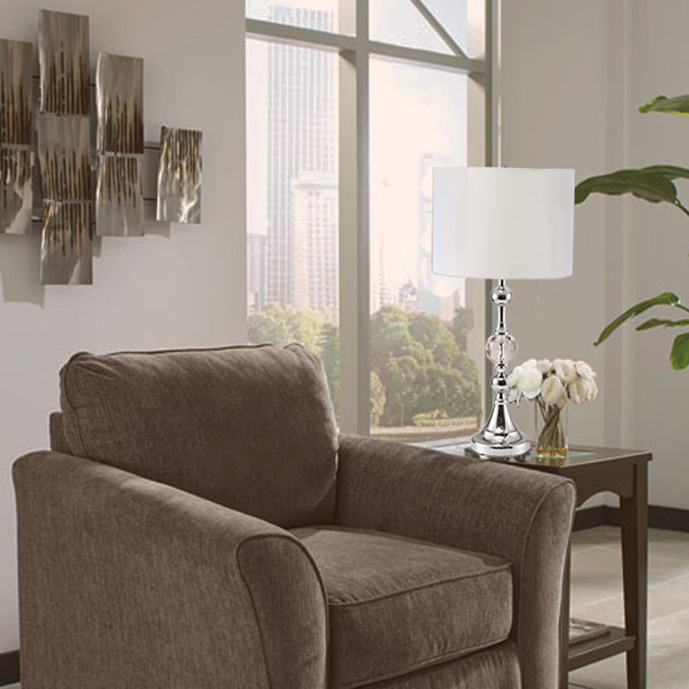 30" Silver Metal Bedside Table Lamp With White Classic Drum Shade - Homeroots