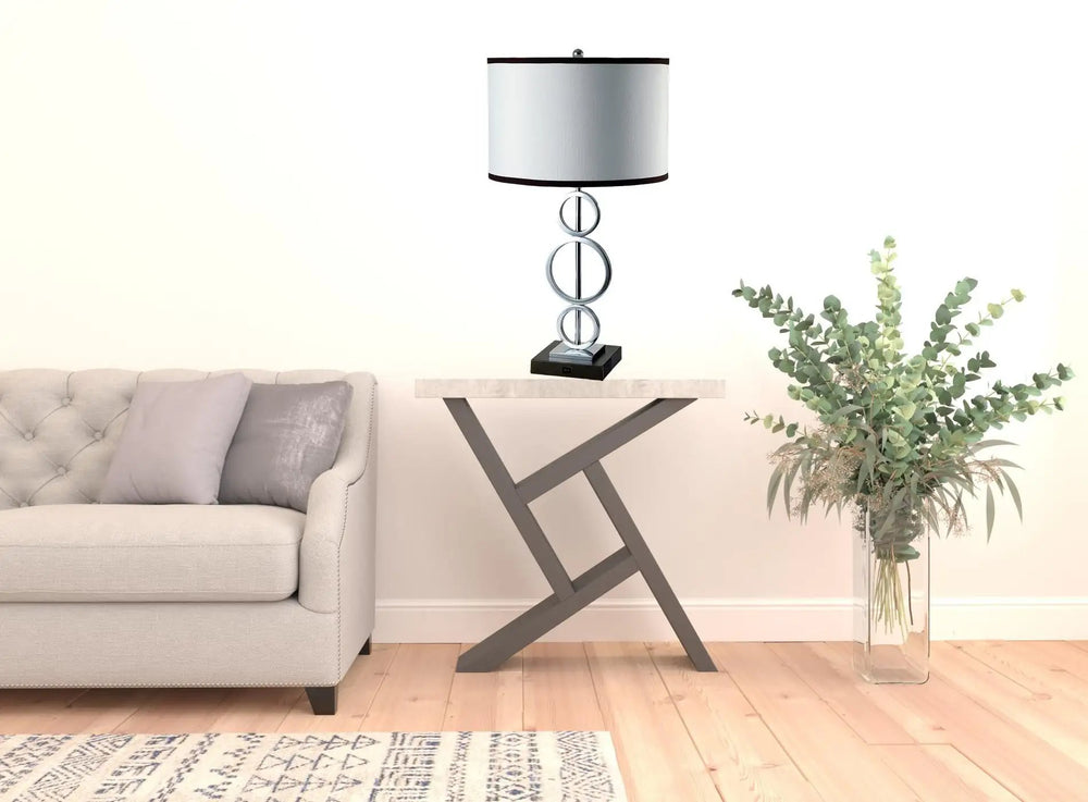 29" Silver Metal Bedside Geo Table Lamp With White and Black Trim Classic Drum Shade - Homeroots