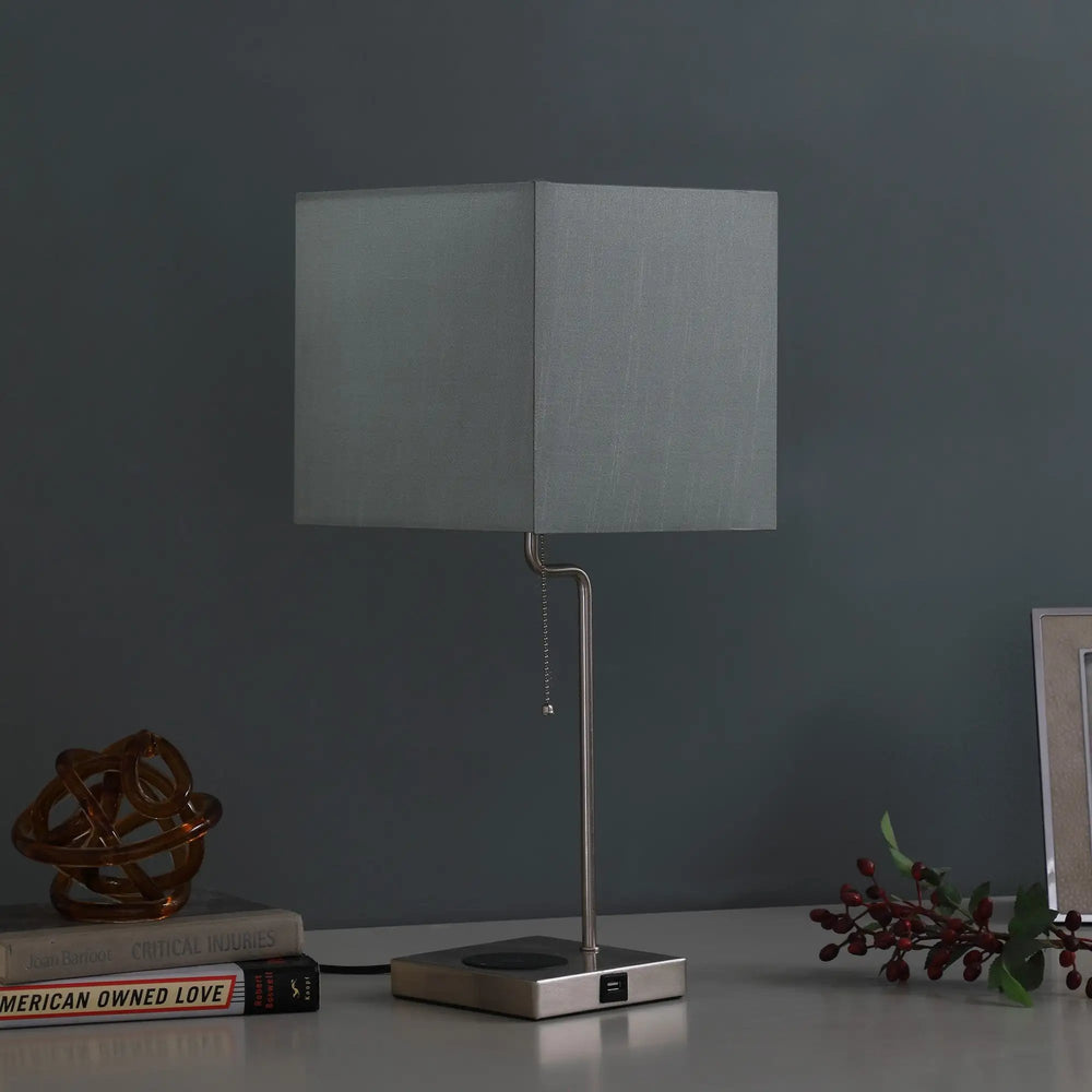 22" Gray Bedside Table Lamp With Gray Square Shade - Homeroots