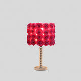 18" Silver Bedside Led Table Lamp With Red Flowers Drum Shade