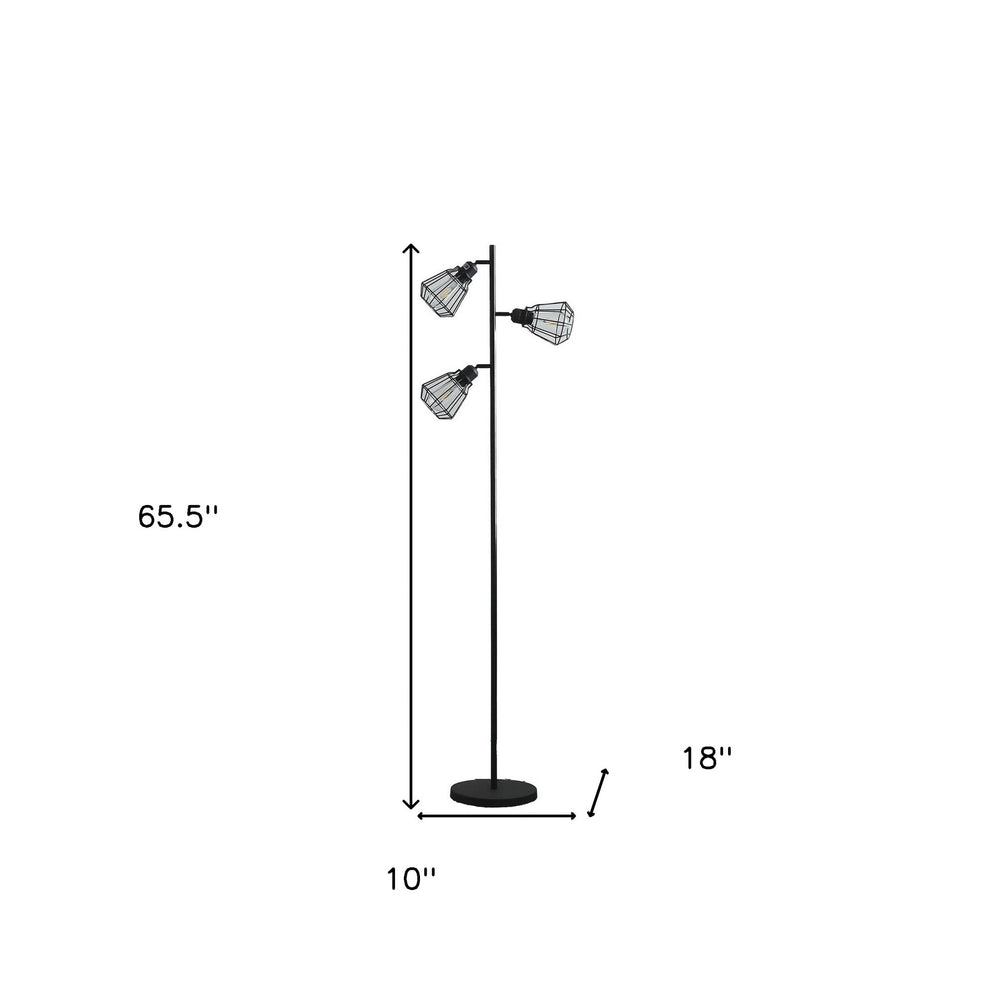 66" Black Three Light Tree Floor Lamp With Black Metal Cage Shade - Homeroots - Flyclothing LLC