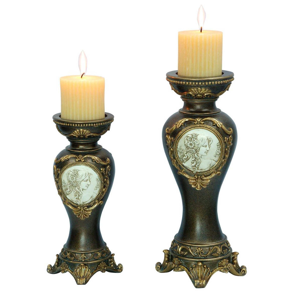 Set Of Two Bronze Greek Cameo Pillar Candle Holders - Homeroots - Flyclothing LLC