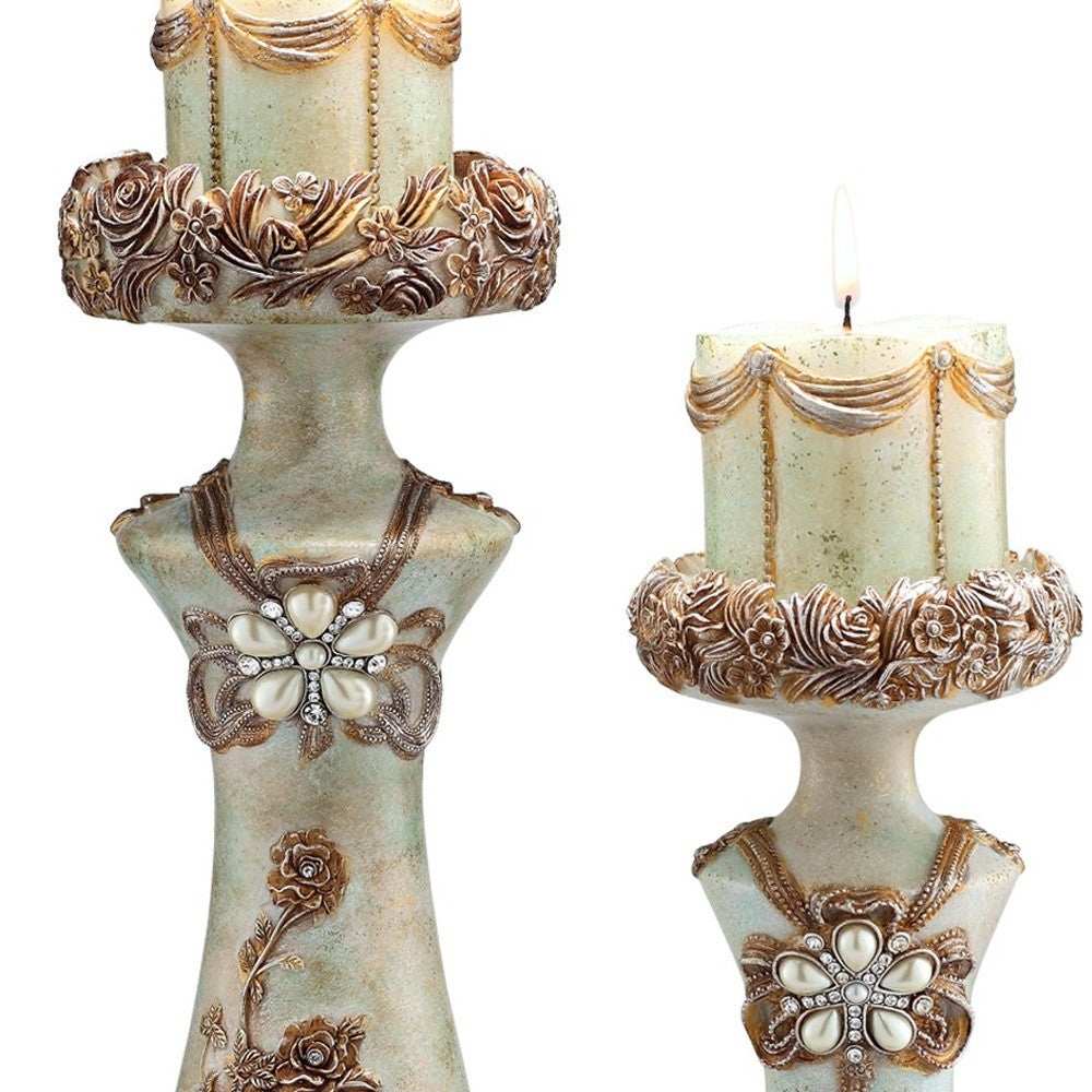 Set of 2 Beige And Brown Vintage Pillar Tabletop Candle Holders - Homeroots - Flyclothing LLC