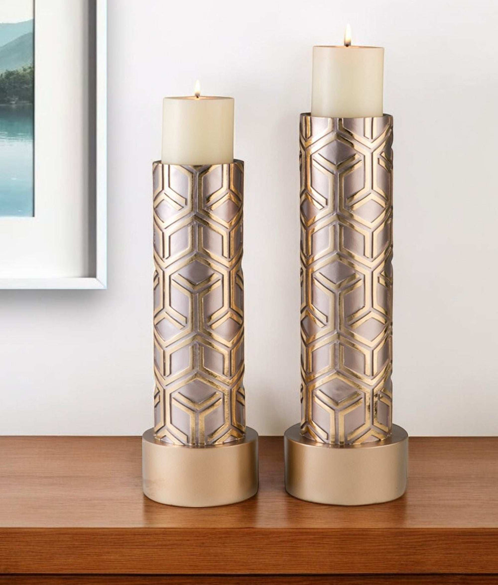 Set Of Two Gold Tabletop Pillar Candle Holders - Homeroots - Flyclothing LLC