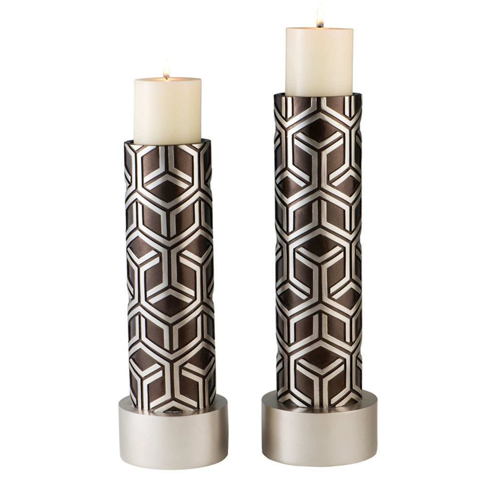 Set Of Two Espresso and Silver Pillar Tabletop Pillar Candle Holders - Homeroots - Flyclothing LLC