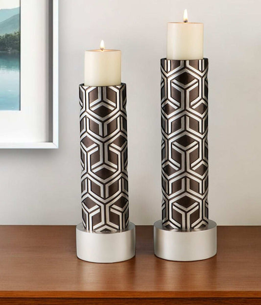 Set Of Two Espresso and Silver Pillar Tabletop Pillar Candle Holders - Homeroots - Flyclothing LLC