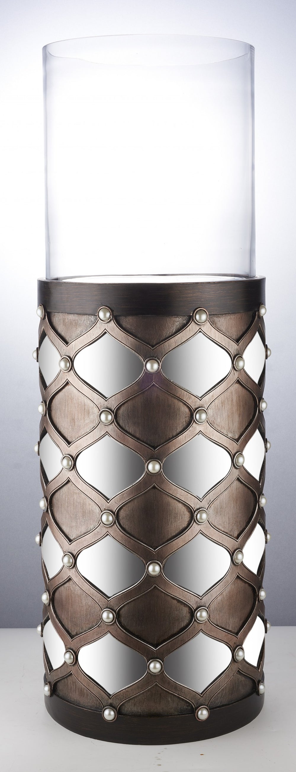 31" Bronze and Silver with Pearls Floor Hurricane Candle Holder - Homeroots - Flyclothing LLC