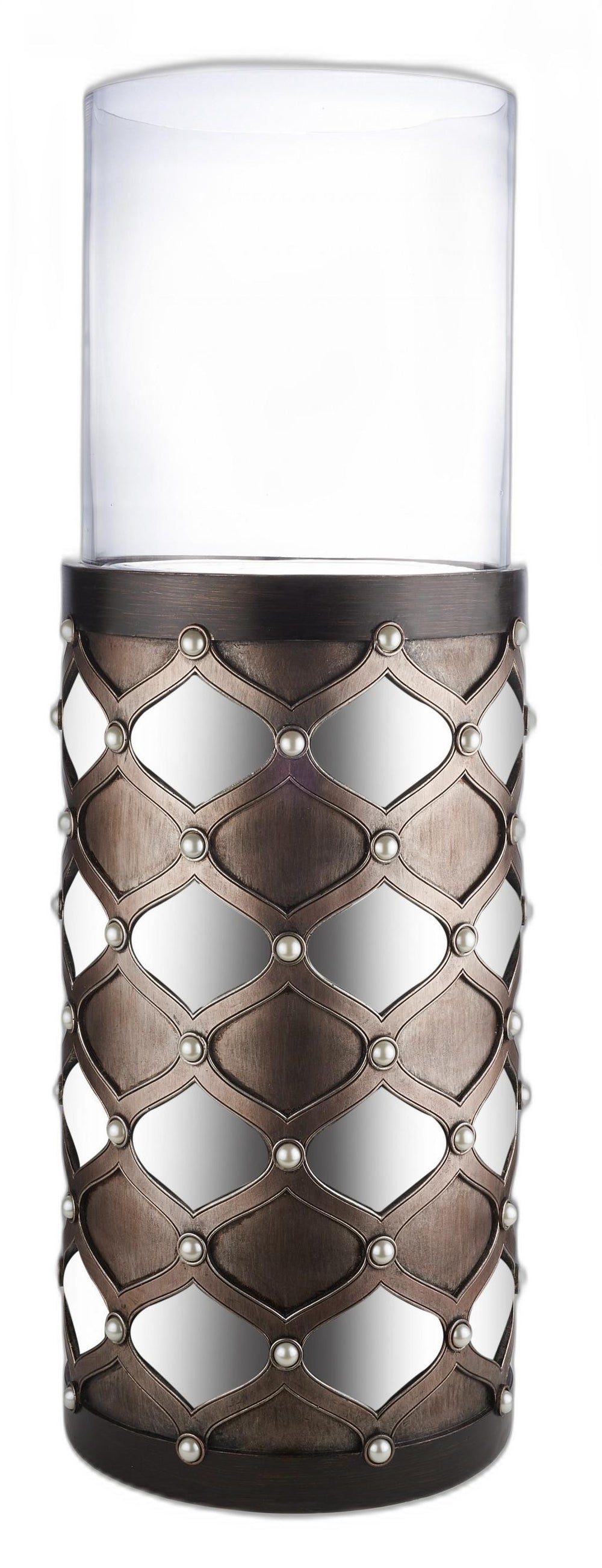 31" Bronze and Silver with Pearls Floor Hurricane Candle Holder - Homeroots - Flyclothing LLC