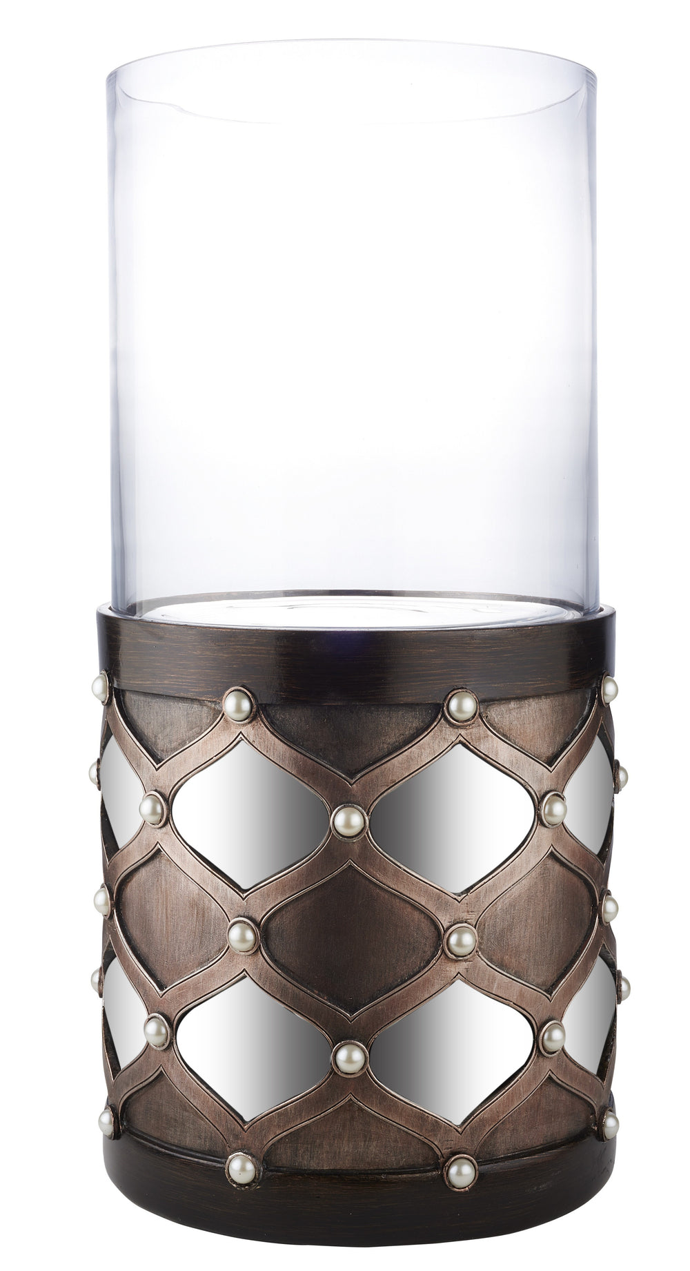 22" Bronze and Silver with Pearls Tabletop Hurricane Candle Holder - Homeroots - Flyclothing LLC