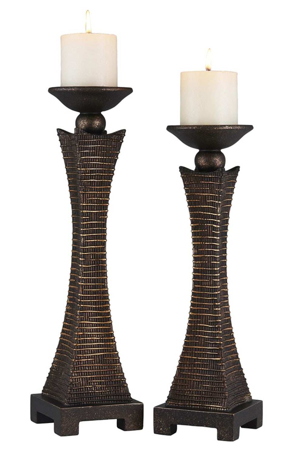 Set of Two Bronze Polyresin Woven Tabletop Pillar Candle Holders With Candle - Homeroots - Flyclothing LLC
