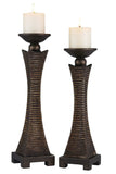 Set of Two Bronze Polyresin Woven Tabletop Pillar Candle Holders With Candle - Homeroots - Flyclothing LLC