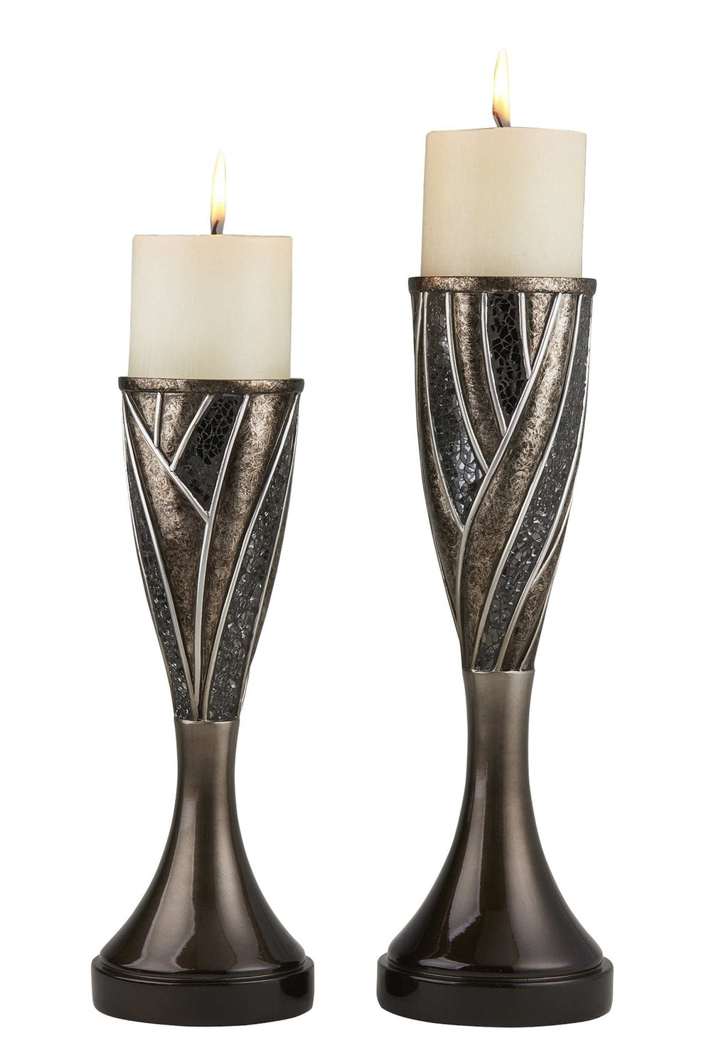 Set of Two Black Silver and Bronze Polyresin Abstract Centerpiece Pillar Candle Holders With Candle - Homeroots - Flyclothing LLC