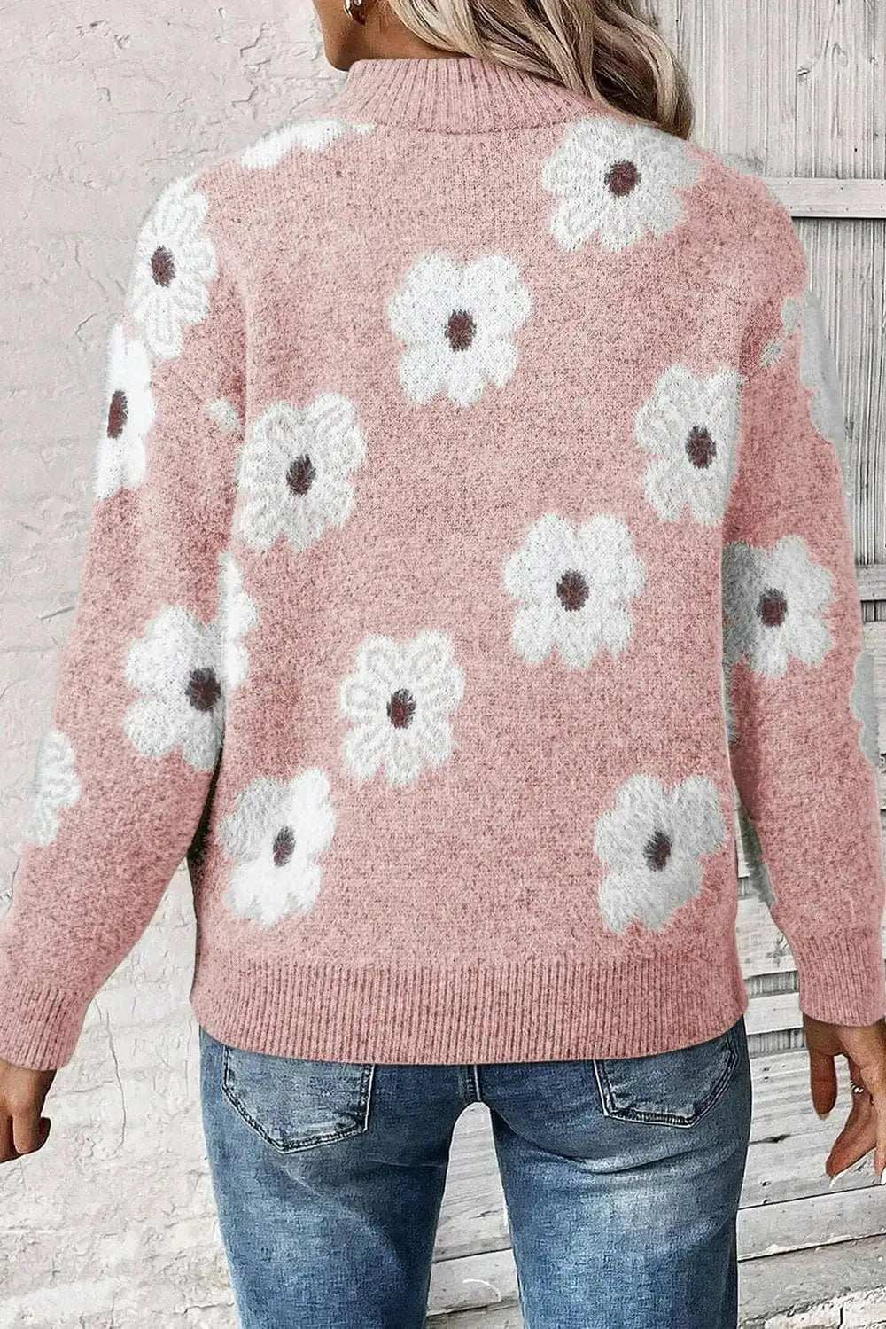 Flower Half Zip Long Sleeve Sweater - Trendsi - Flyclothing LLC