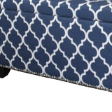 42" Blue and White and Dark Brown Upholstered Polyester Quatrefoil Bench with Flip top - Homeroots