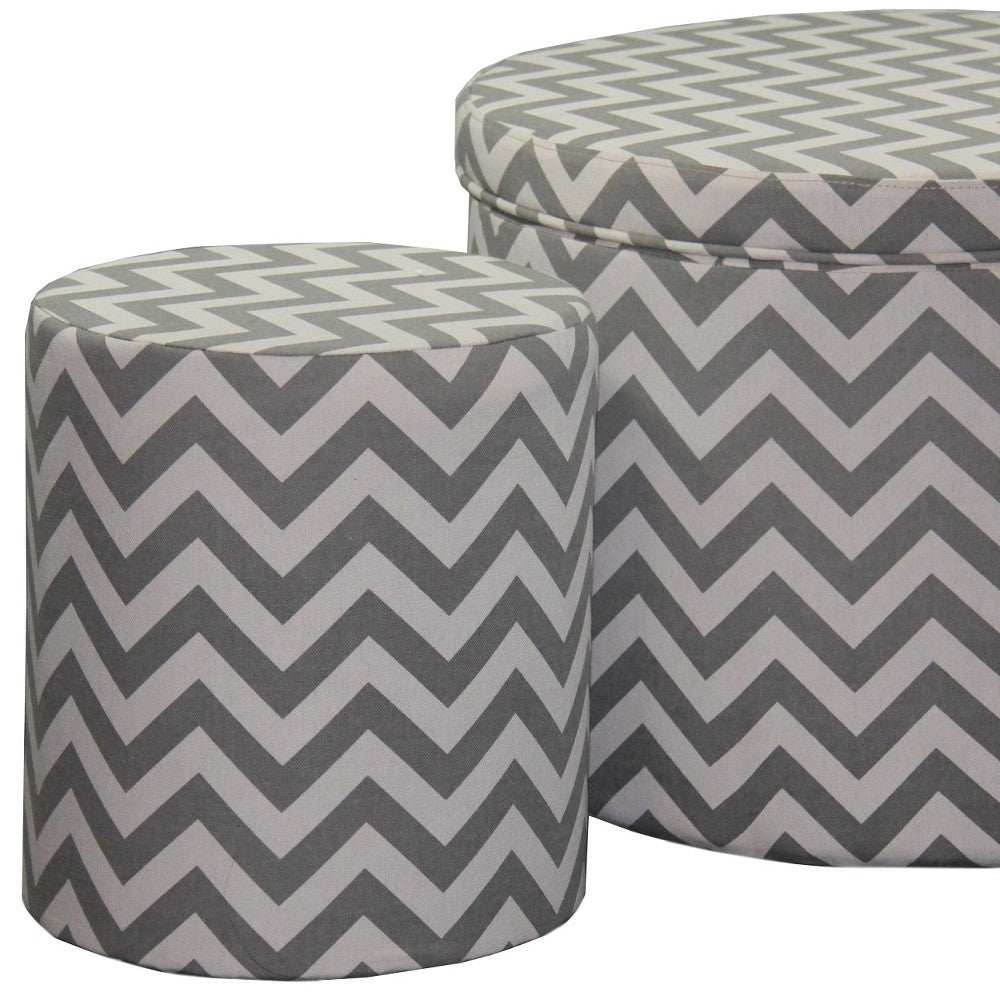 Set of Two Gray and White Polyester Blend Round Geometric Footstool Ottoman - Homeroots - Flyclothing LLC