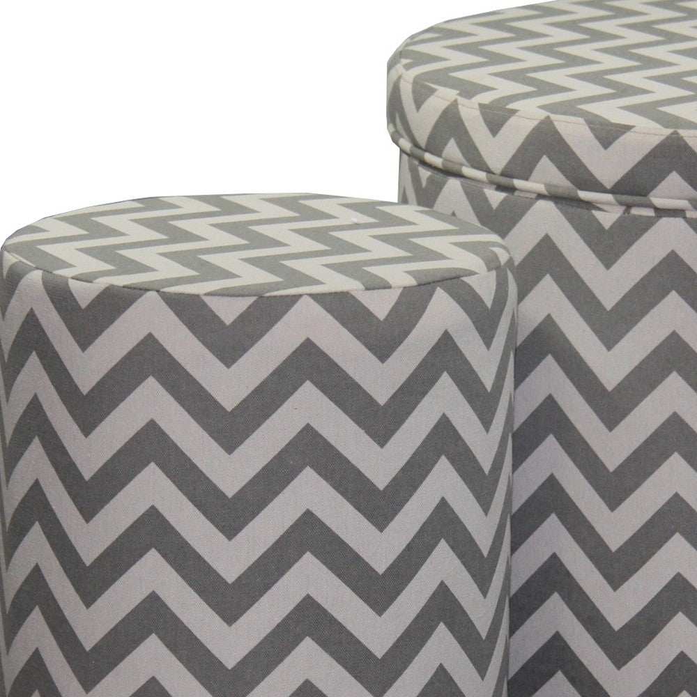 Set of Two Gray and White Polyester Blend Round Geometric Footstool Ottoman - Homeroots - Flyclothing LLC