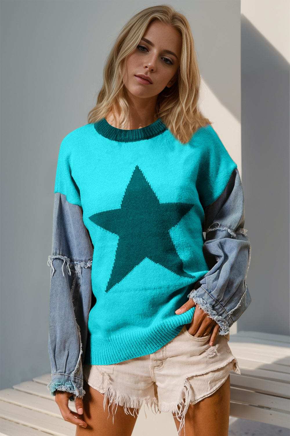 Double Take Full Size Star Pattern Raw Edge Long Sleeve Sweater - Trendsi - Flyclothing LLC