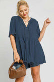 Umgee Full Size Raw Hem Notched Babydoll Linen Blouse Plus Size - Trendsi - Flyclothing LLC