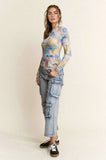 Davi & Dani Multi Printed Mesh Round Neck Long Sleeve Top - Trendsi - Flyclothing LLC