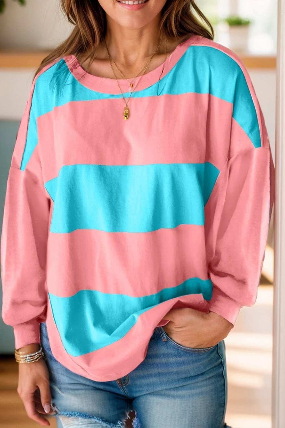Color Block Round Neck Long Sleeve Top - Trendsi - Flyclothing LLC