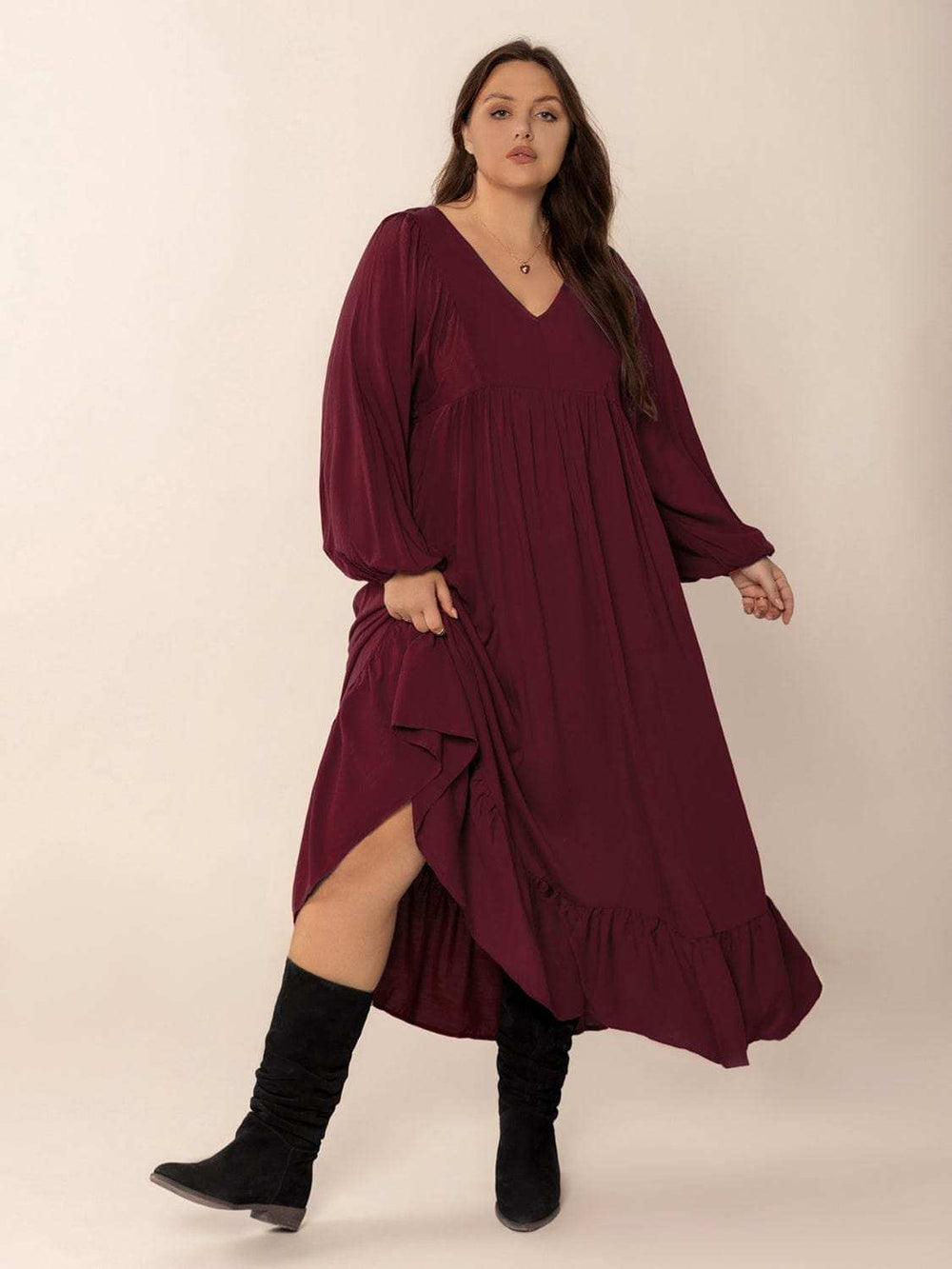 Plus Size Ruffled Hem V-Neck Balloon Sleeve Dress - Trendsi - Flyclothing LLC