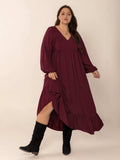 Plus Size Ruffled Hem V-Neck Balloon Sleeve Dress - Trendsi - Flyclothing LLC