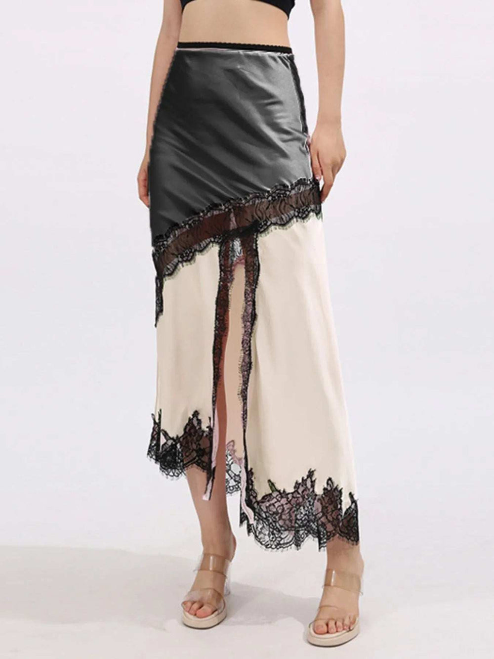 Lace Trim Asymmetrical Midi Skirt - Trendsi - Flyclothing LLC