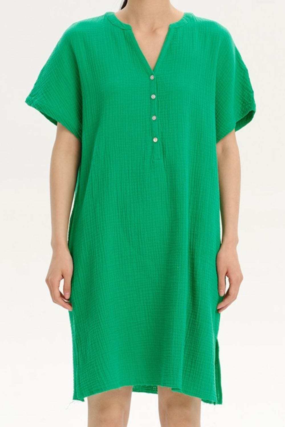 Slit Notched Short Sleeve Mini Dress - Trendsi - Flyclothing LLC