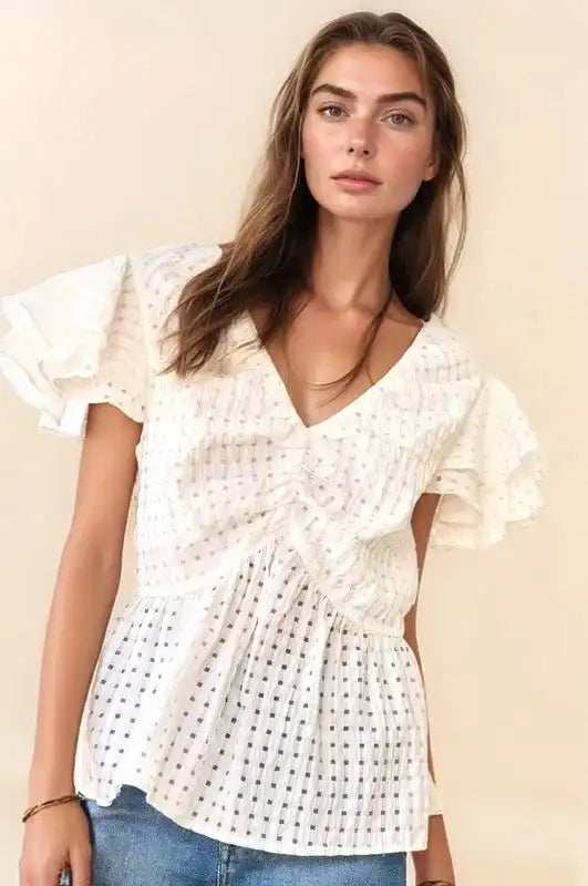 Davi & Dani Shirring V-Neck Ruffle Gingham Plaid Printed Top - Trendsi - Flyclothing LLC