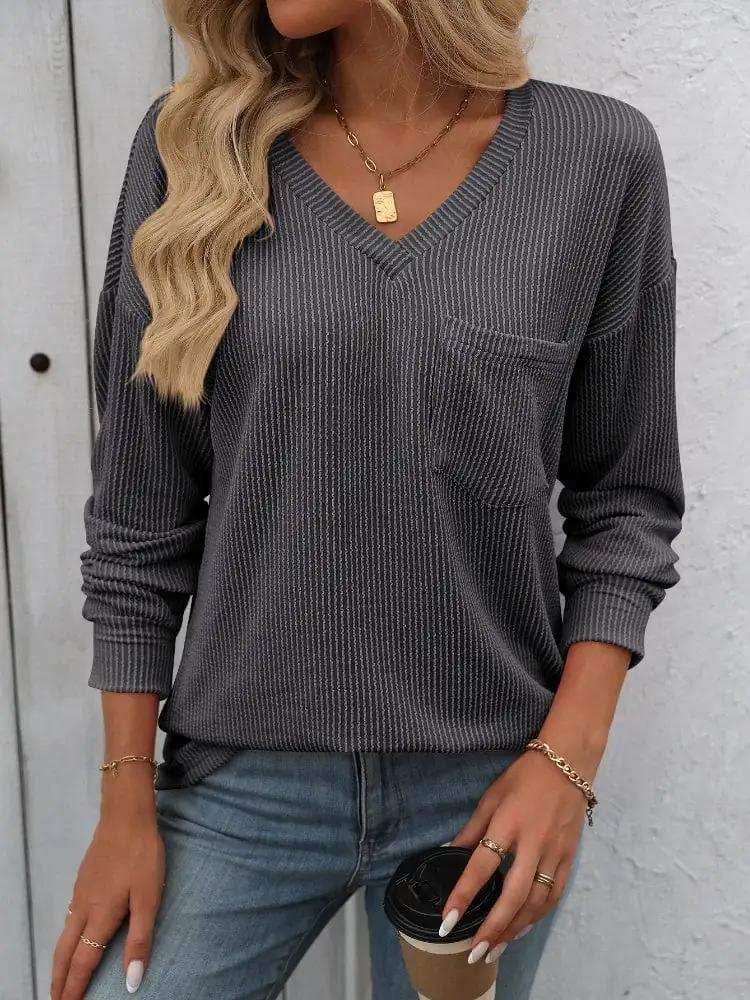 V-Neck Long Sleeve T-Shirt - Trendsi - Flyclothing LLC