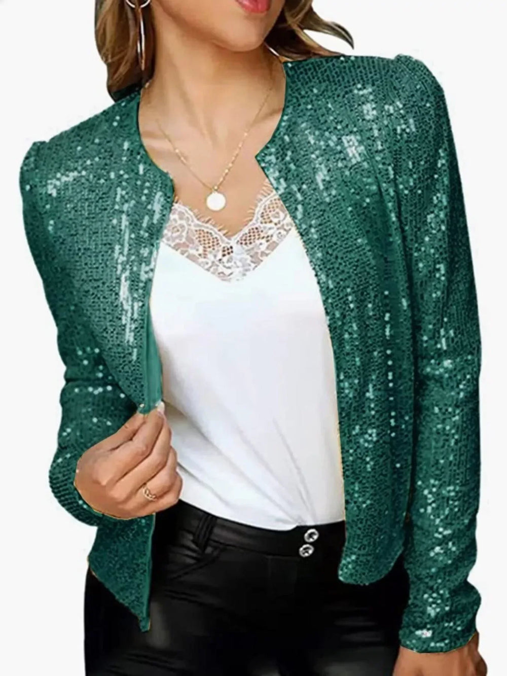 Full Size Sequin Long Sleeve Jacket Plus Size - Trendsi - Flyclothing LLC