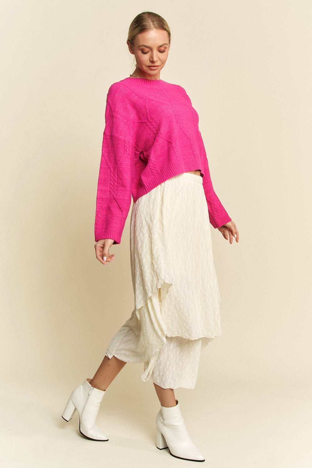 Davi & Dani Diamond Cable Pattern Drop Shoulder Sweater - Trendsi - Flyclothing LLC