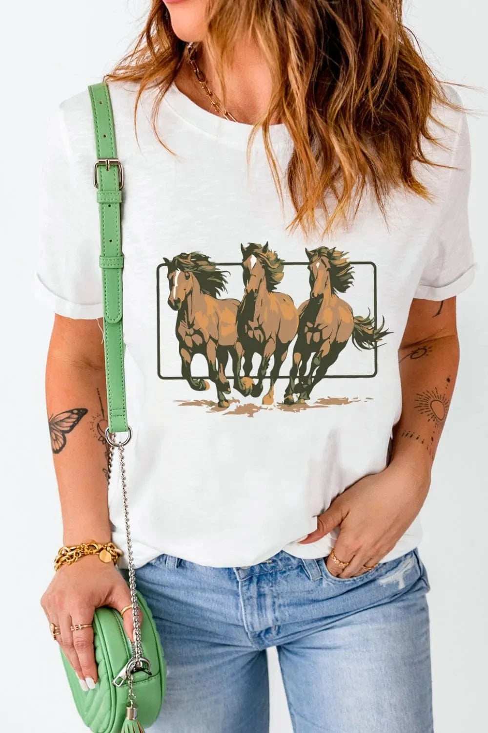 Texas Horse Graphic Cuffed Sleeve T Shirt - Trendsi - Flyclothing LLC