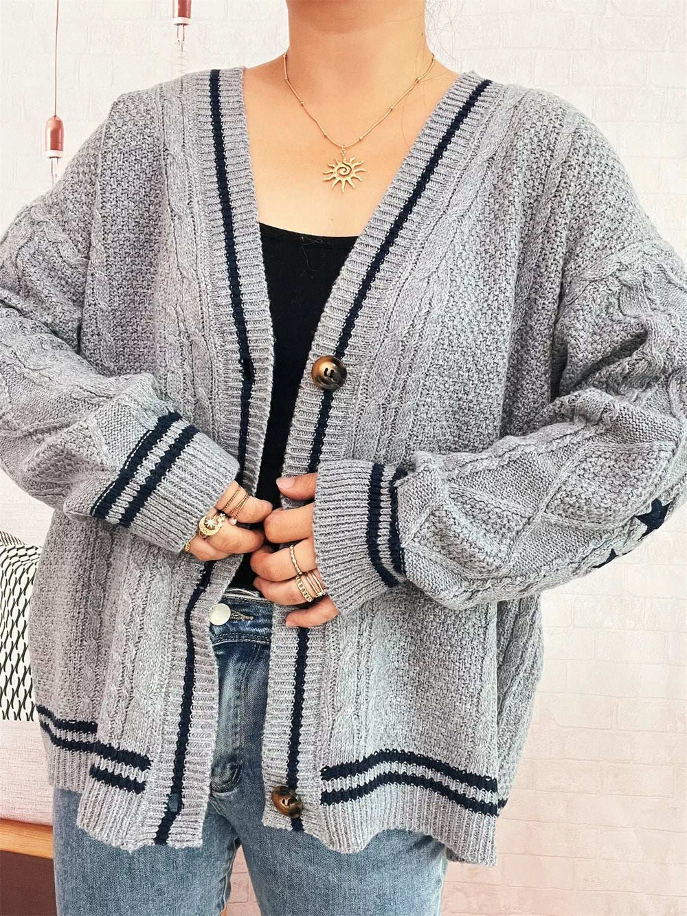 Star Pattern Button-Up Cardigan with Contrast Trim - Trendsi - Flyclothing LLC