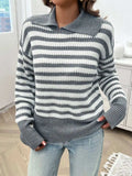 Striped Collared Neck Long Sleeve Sweater - Trendsi - Flyclothing LLC