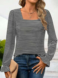 Striped Square Neck Flounce Sleeve Top - Trendsi - Flyclothing LLC