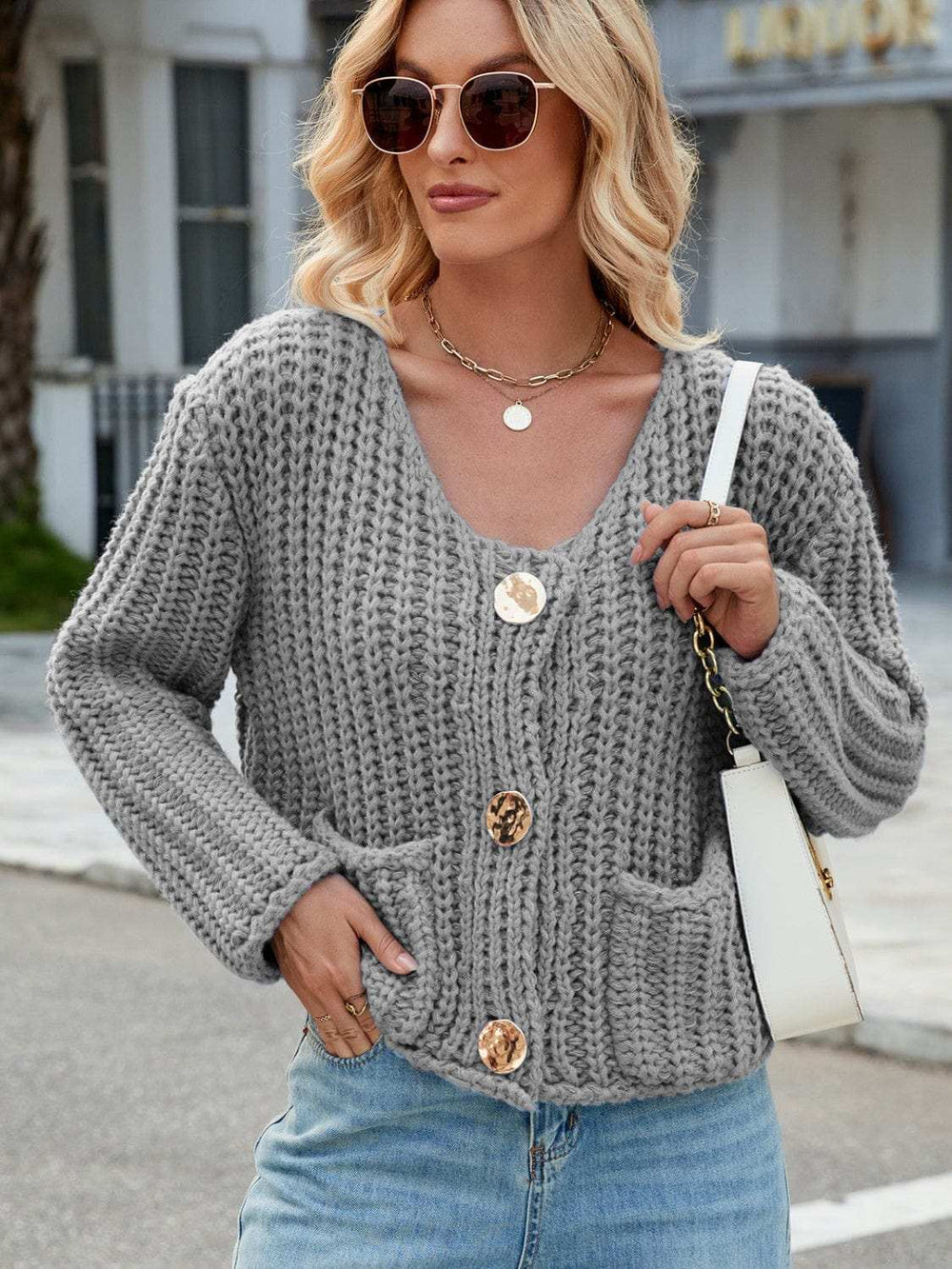 Round Neck Button Up Cardigan with Pockets - Trendsi - Flyclothing LLC