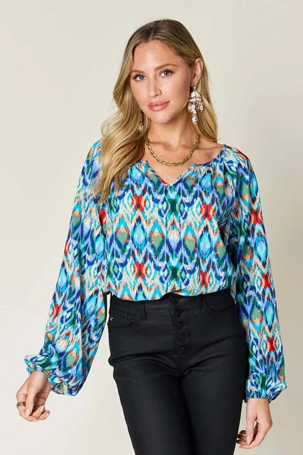Double Take Full Size Printed Balloon Sleeve Blouse - Trendsi - Flyclothing LLC