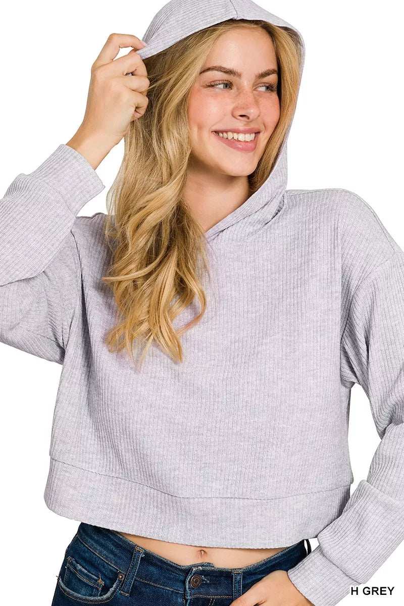 Zenana Drop Shoulder Ribbed Crop Hoodie - Trendsi - Flyclothing LLC