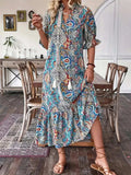 Printed Tie Neck Flounce Sleeve Midi Dress - Trendsi - Flyclothing LLC