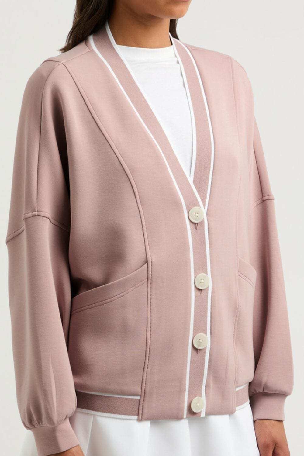 Contrast Trim V Neck Button Up Cardigan - Trendsi - Flyclothing LLC