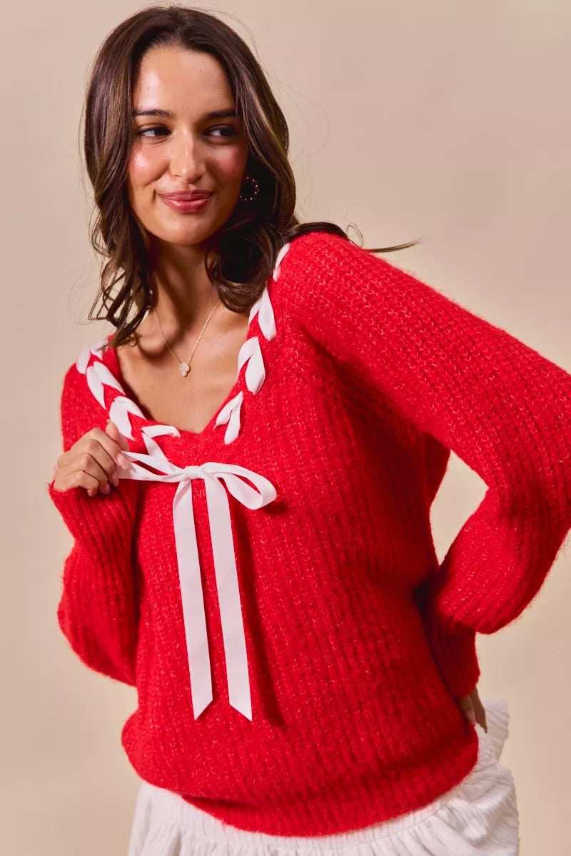 SO ME Satin Tape Braided Ribbon Tie V Neck Sweater - Trendsi - Flyclothing LLC